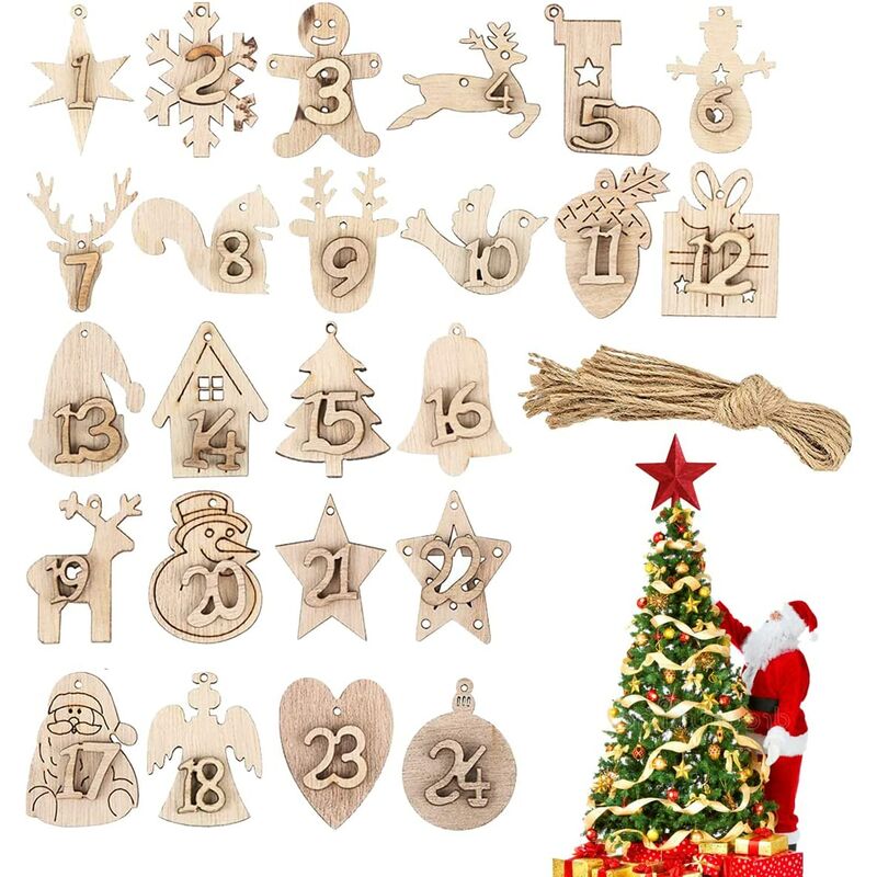 24 piezas de decoración de árbol de Navidad de madera, astillas de madera de Navidad, colgantes originales de bricolaje, decoraciones de árbol de Navidad, adorno de decoración de Navidad, para manualidades de árbol de Navidad (C)