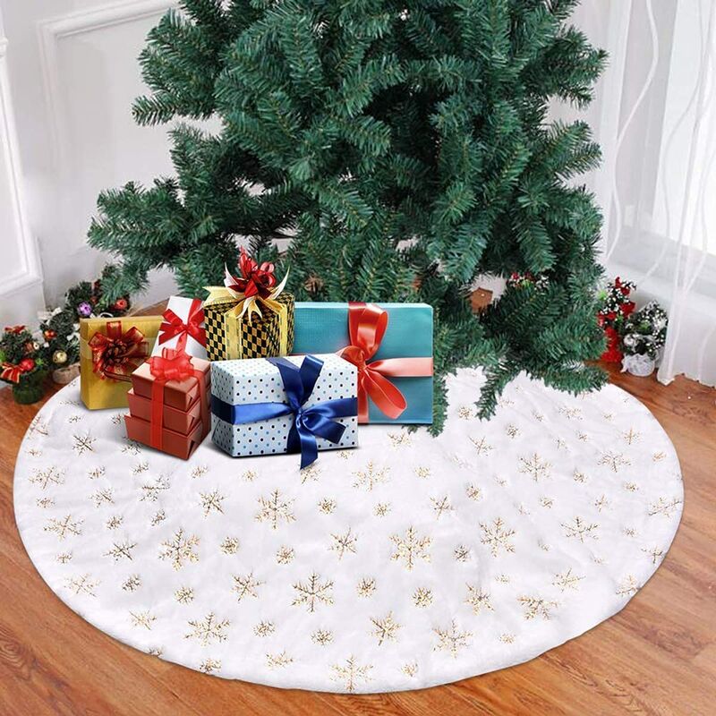 (122 cm) Falda de árbol de Navidad dorada Cubierta de pie de árbol de Navidad Alfombra de árbol de Navidad blanca Decoración de alfombra de felpa Cubierta de pie Árbol decorativo con copos de nieve Falda de árbol de Navidad para decoración de fiesta