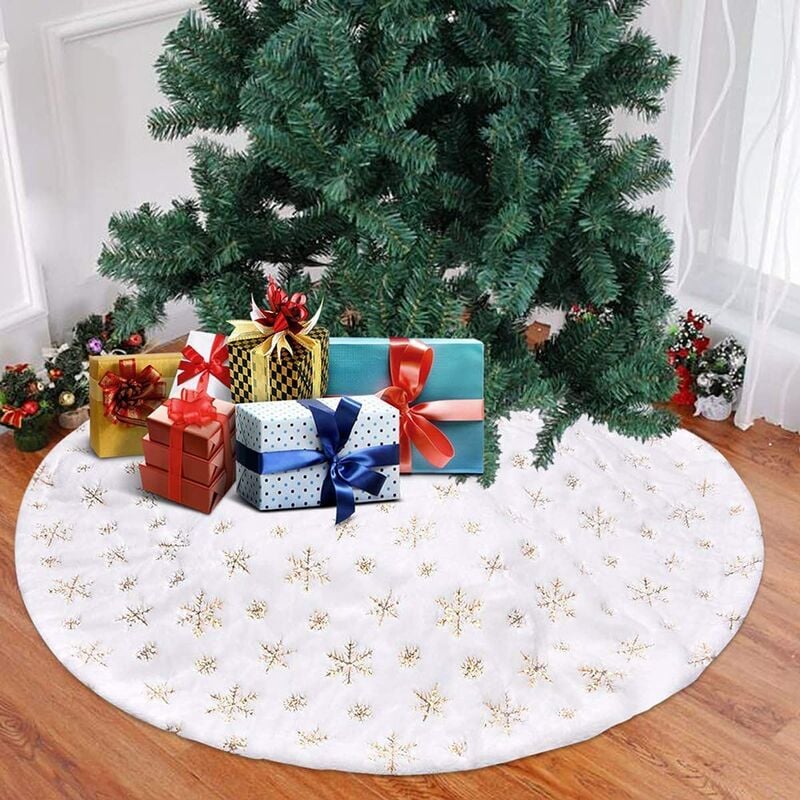 (90cm) Falda de árbol de Navidad dorada Cubierta de pie Alfombra de árbol de Navidad Árbol de Navidad blanco Alfombra de felpa Decoración Cubierta de pie en el dedo del pie Árbol decorativo con copos de nieve Falda de árbol de Navidad para decoración de fiesta
