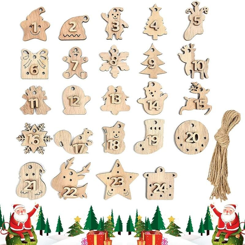 24 piezas de decoración de árbol de Navidad de madera, astillas de madera de Navidad, colgantes originales de bricolaje, decoraciones de árbol de Navidad, adorno de decoración de Navidad, para manualidades de árbol de Navidad(A)