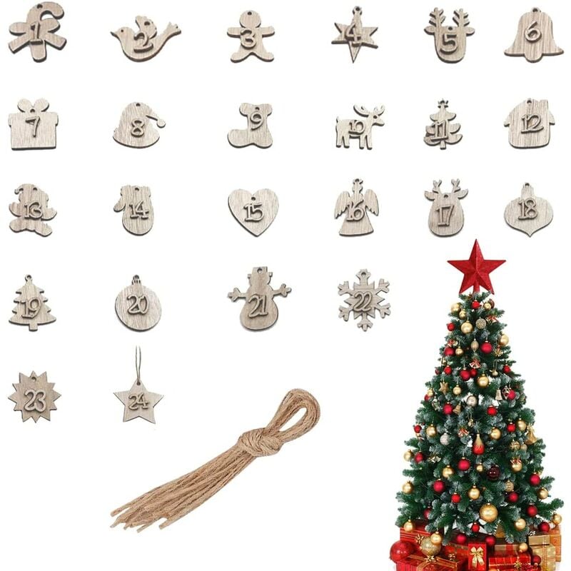 24 piezas de decoración de árbol de Navidad de madera, astillas de madera de Navidad, colgantes originales de bricolaje, decoraciones de árbol de Navidad, decoración de adornos de Navidad, para manualidades de árbol de Navidad (D)