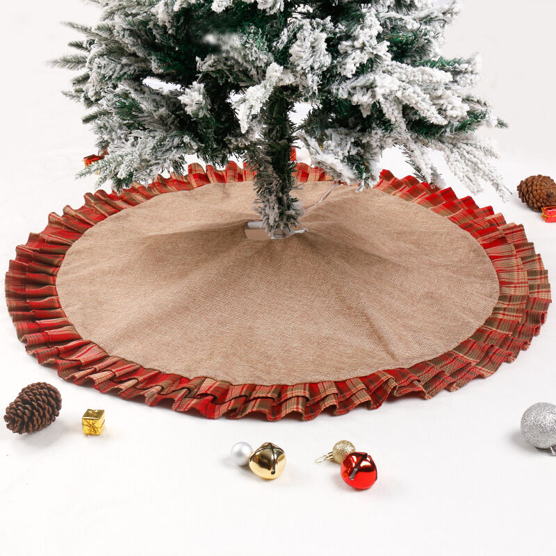 Falda de árbol de Navidad de 90 cm, cubierta de soporte de árbol de Navidad, decoración de árbol de Navidad, falda de árbol de Navidad feliz estera de árbol de Navidad, vestido de árbol de Navidad a cuadros rojo de lino a cuadros