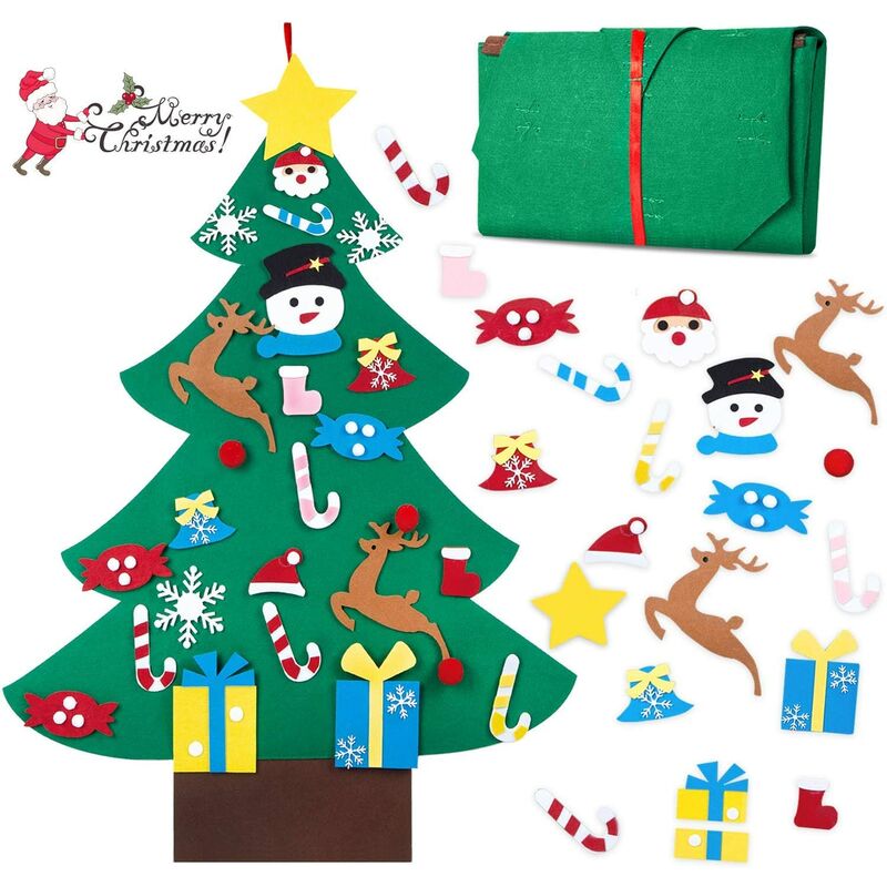 Árbol de Navidad de fieltro, 3 pies, bricolaje, decoración navideña, con 26 piezas de adornos, decoración de pared con cuerda colgante para niños, regalos de Navidad, puerta de casa