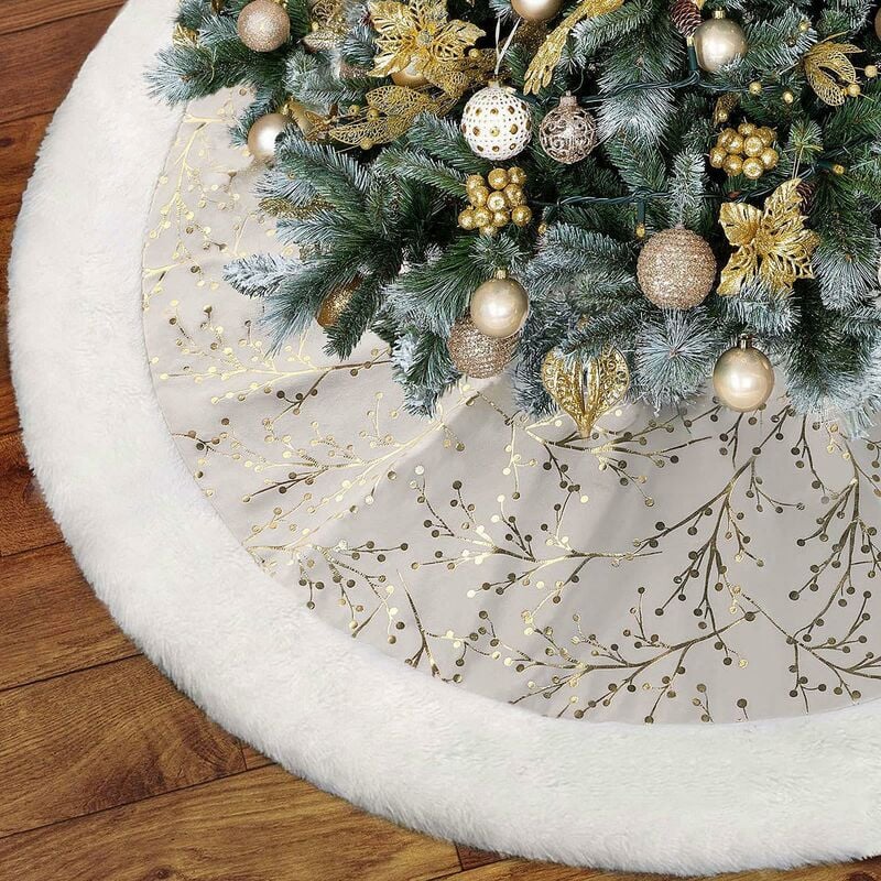 Falda de árbol de Navidad, oro blanco 36 pulgadas de piel sintética de felpa adornos navideños alfombra de base de árbol alfombras gruesas de terciopelo para decoración del hogar de vacaciones fiesta de Navidad