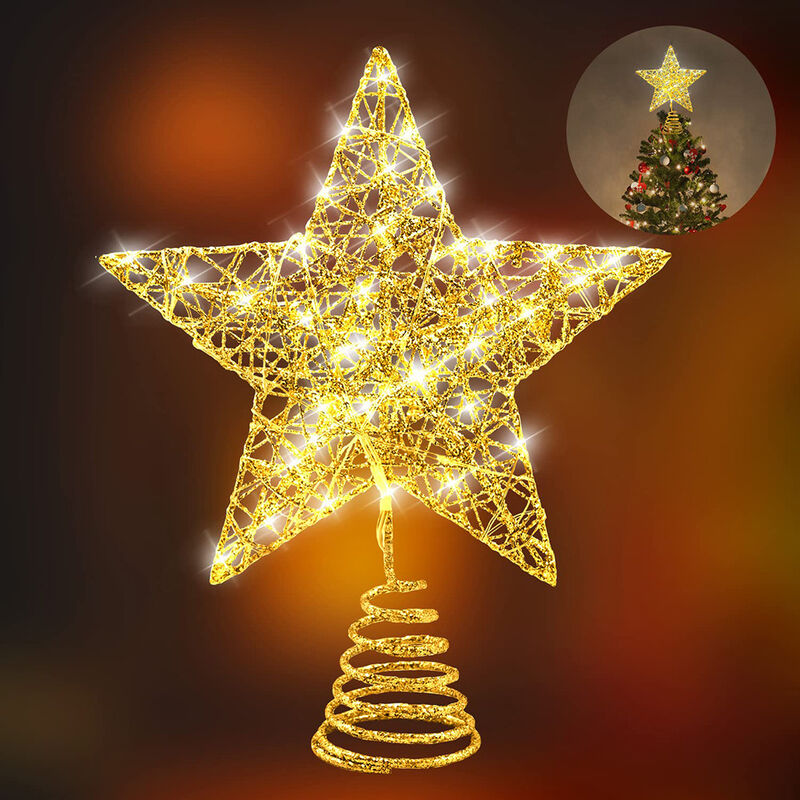 Decoración de pentagrama de estrella de árbol de Navidad, estrella de Navidad con purpurina LED, adorno de árbol de Navidad dorado, adornos de árbol de Navidad, decoración de copa de árbol para árbol (oro)