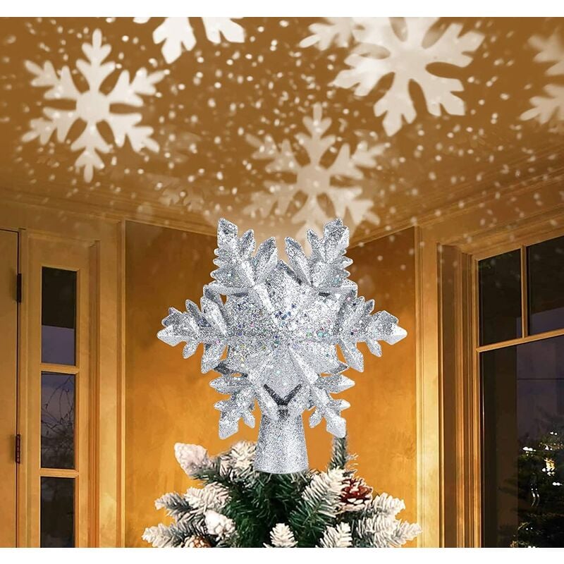 Adorno para árbol de Navidad, árbol de Navidad con luz de estrella giratoria 3D, adorno de estrella de Navidad con proyector de forma de copo de nieve blanco para decoración,Plata