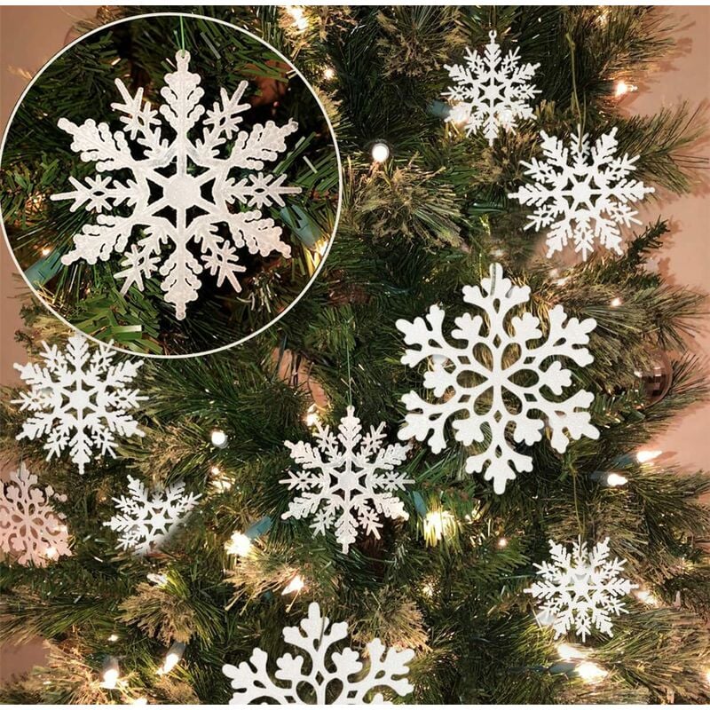 36pcs Adornos de copos de nieve blancos de Navidad Adornos de copos de nieve con brillo de plástico para el invierno Decoraciones para árboles de Navidad El tamaño varía Copos de nieve artesanales