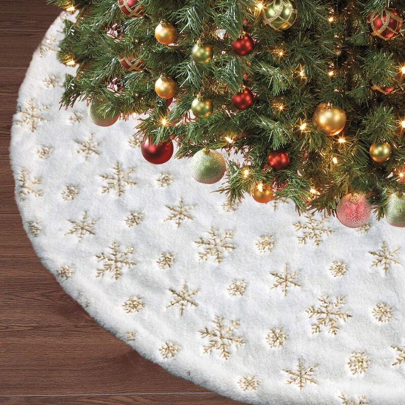 Falda de árbol de Navidad de 48 pulgadas, (blanco/dorado) alfombrilla de árbol de Navidad blanco y dorado, falda de árbol de piel sintética blanca nevada para Navidad, vacaciones, hogar, decoraciones de fiesta, adornos