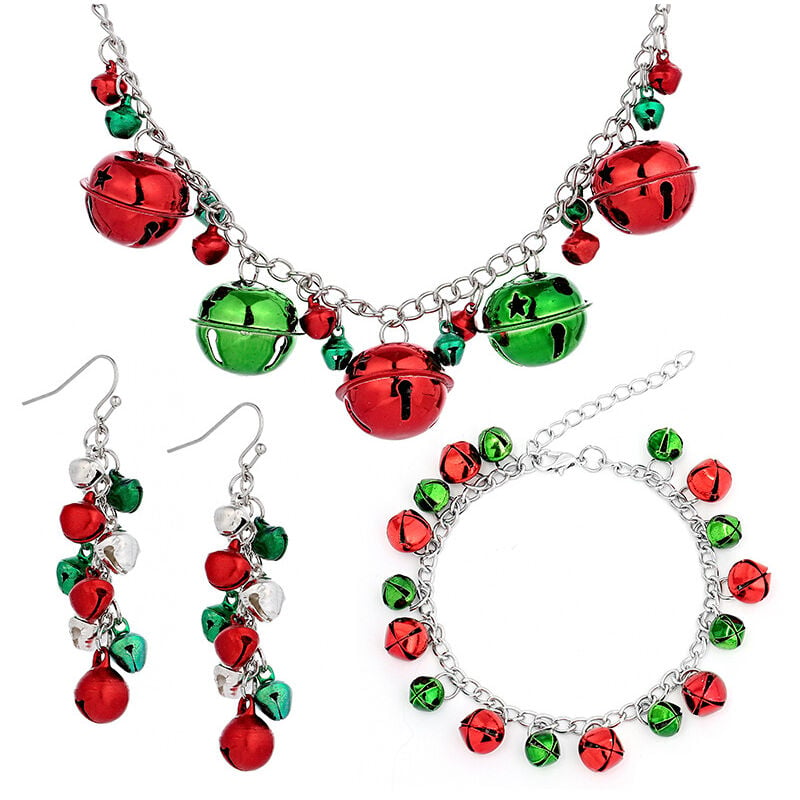 Plata, rojo, verde, Navidad, cascabel, bonito adorno, cadena larga, pendientes colgantes, pulseras, collares para mujeres, adolescentes, niñas, gancho, calcetín, hipoalergénico, joyería de fiesta, regalos para hija