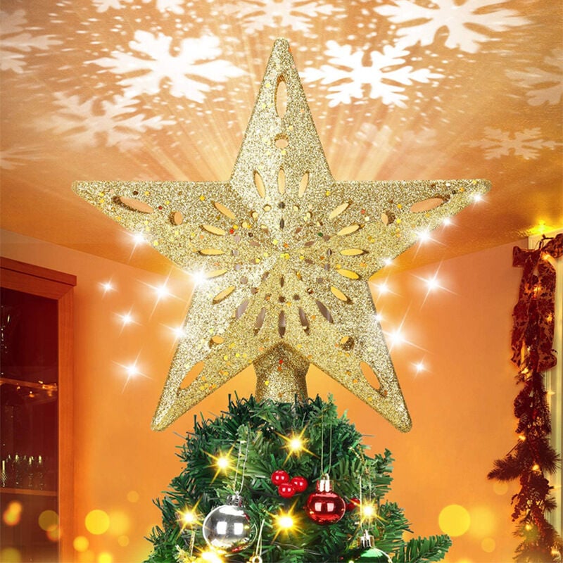 Estrella de árbol de Navidad 3D 2 en 1 lámpara de proyector LED de copo de nieve giratorio, estrella de árbol de Navidad brillante dorada para decoración de árbol de Navidad (estrella dorada)