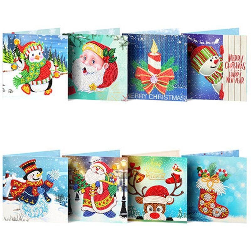 Tarjetas de felicitación de Navidad, 8 paquetes de tarjetas de felicitación navideñas con pintura de diamantes 5D para Navidad (B) - Campanas de Navidad, renos, muñecos de nieve, tarjetas y sobres de Papá Noel