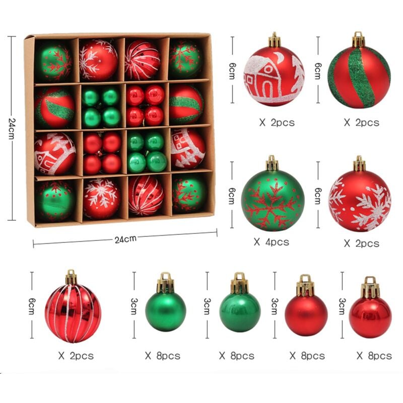 Juego de bolas de Navidad, juego de bolas de Navidad de plástico de 44 piezas, decoración de árbol de Navidad Bolas de Navidad rojas - verdes, decoración de árbol de Navidad, caja de regalo de bolas de Navidad