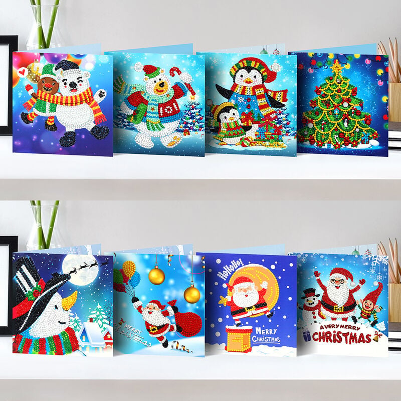Tarjetas de felicitación de Navidad, 8 paquetes de tarjetas de felicitación navideñas con pintura de diamantes 5D para Navidad (E) - Campanas de Navidad, renos, muñecos de nieve, tarjetas y sobres de Papá Noel