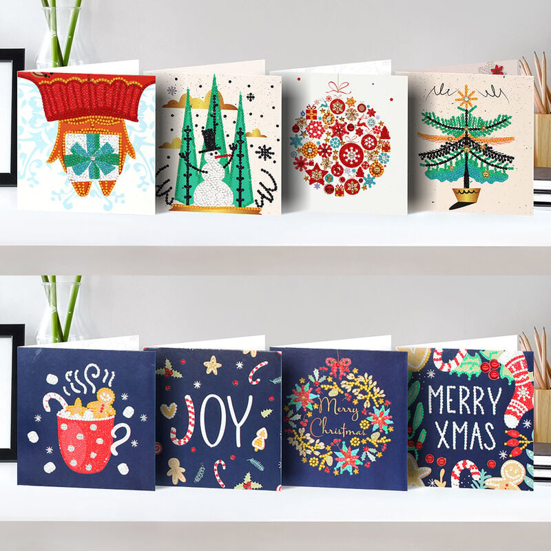 Tarjetas de felicitación de Navidad, 8 paquetes de tarjetas de felicitación navideñas con pintura de diamantes 5D para Navidad (A) - Campanas de Navidad, renos, muñecos de nieve, tarjetas y sobres de Papá Noel