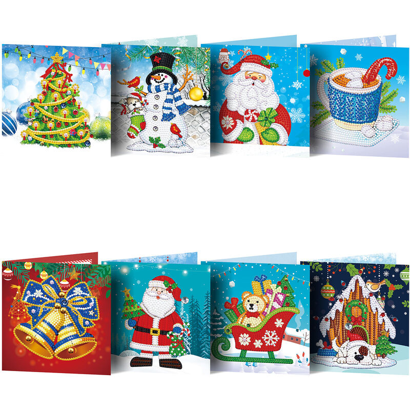 Tarjetas de felicitación de Navidad, 8 paquetes de tarjetas de felicitación navideñas con pintura de diamantes 5D para Navidad (C) - Campanas de Navidad, renos, muñecos de nieve, tarjetas y sobres de Papá Noel