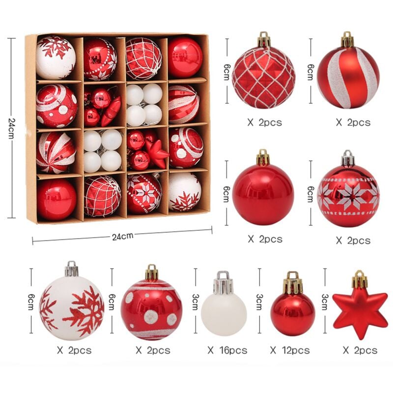 Juego de adornos navideños, 42 piezas Juego de adornos navideños de plástico, decoración del árbol de Navidad Adornos navideños rojos y blancos, decoración del árbol de Navidad, caja de regalo de adornos navideños