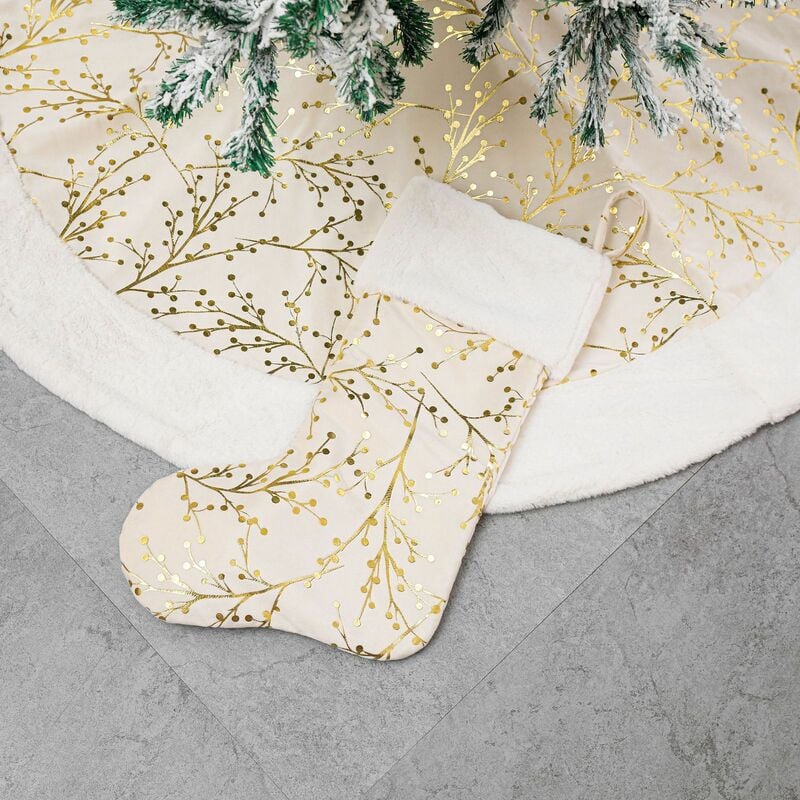 Falda de árbol de Navidad 122 cm Cubierta de pie de árbol de Navidad grande con calcetín de Navidad, falda de pie de estera de árbol de Navidad para fiesta en casa Decoración de árbol de Navidad, patrón de rama de flor