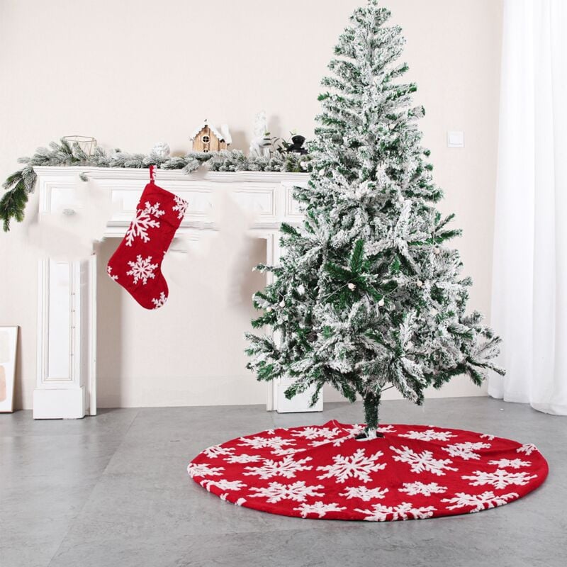 Falda de árbol de Navidad 122 cm Cubierta de pie de árbol de Navidad grande con calcetín de Navidad, falda de pie de estera de árbol de Navidad para decoración de árbol de Navidad de fiesta en casa, copo de nieve rojo