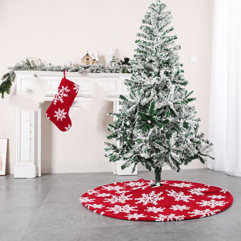 Falda de árbol de Navidad 90 cm Cubierta de pie de árbol de Navidad grande con calcetín de Navidad, falda de pie de estera de árbol de Navidad para decoración de árbol de Navidad de fiesta en casa, copo de nieve rojo