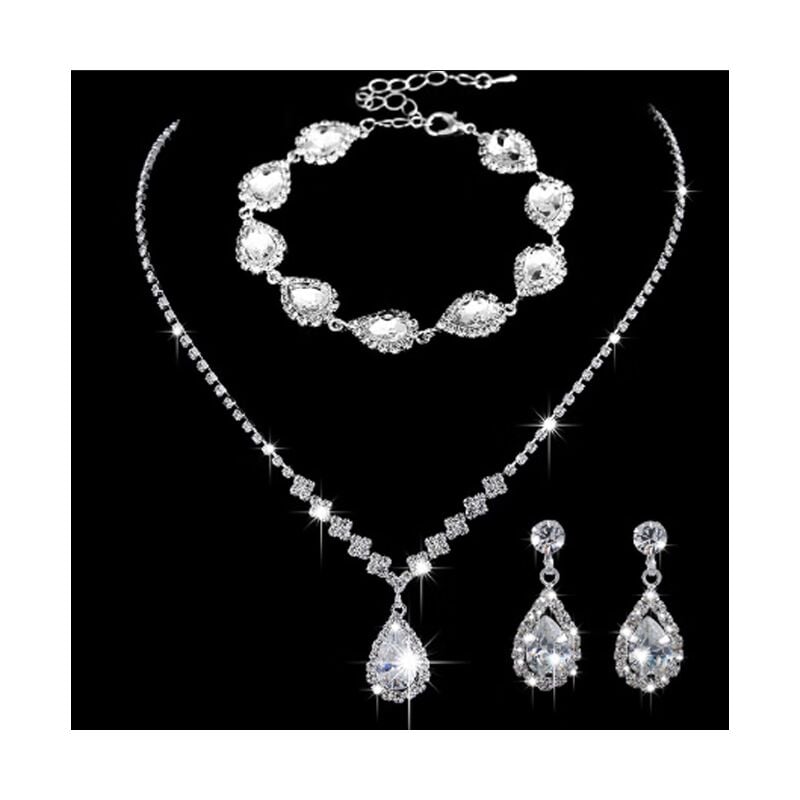 (Plata) 3 UNIDS Novia Nupcial Cristal Collar Pendientes Conjunto Plata Nupcial Gargantilla Collares Colgante Joyería para Mujeres y Niñas