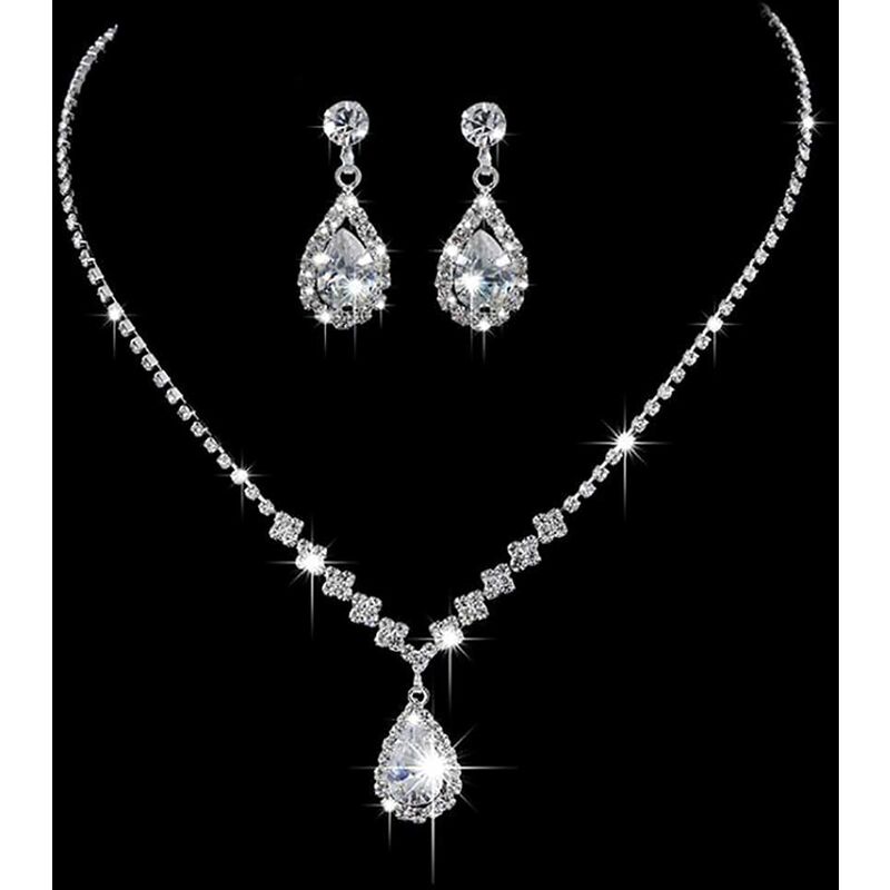 (Plata) Nupcial Nupcial Cristal Collar Pendientes Conjunto Plata Nupcial Gargantilla Collares Colgante Joyería para Mujeres y Niñas