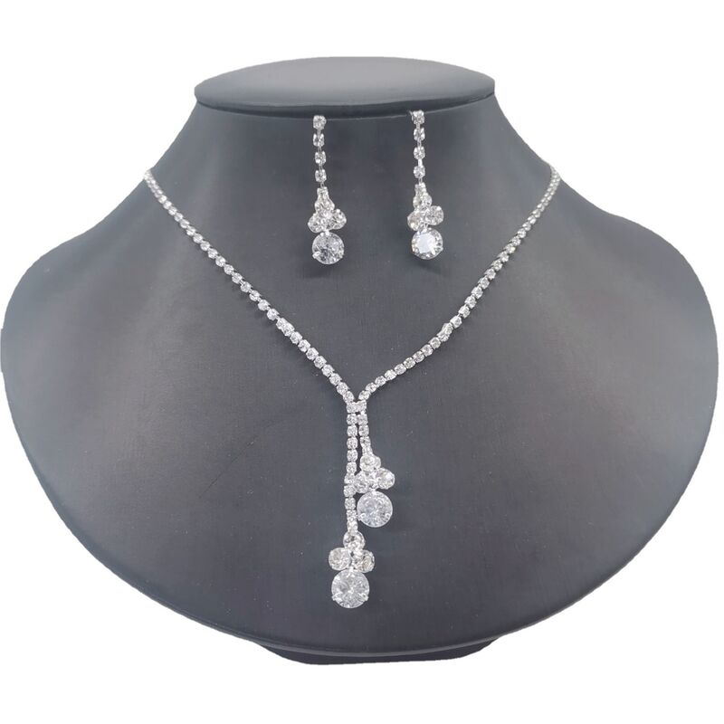 (Plata) 2 UNIDS Novia Nupcial Cristal Collar Pendientes Conjunto Plata Nupcial Gargantilla Collares Colgante Joyería para Mujeres y Niñas