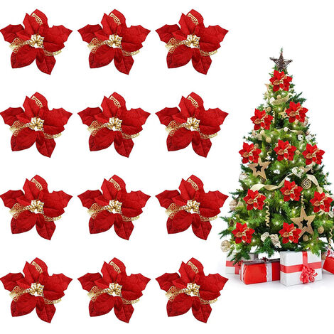12 piezas Decoración de flores navideñas Decoraciones navideñas Flores  rojas con purpurina dorada con clips, Flores
