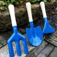 Juego de 3 herramientas de jardín para niños con mango de madera azul, rastrillo de espátula de flores en la maceta del hogar