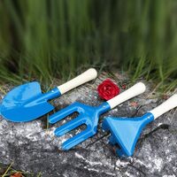 Juego de 3 herramientas de jardín para niños con mango de madera azul, rastrillo de espátula de flores en la maceta del hogar