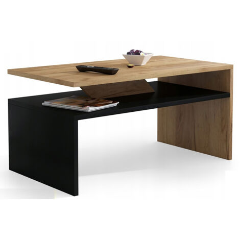 Table basse - PRAIA - Noir et finition bois avec rangement 90-50 cm (1/3)