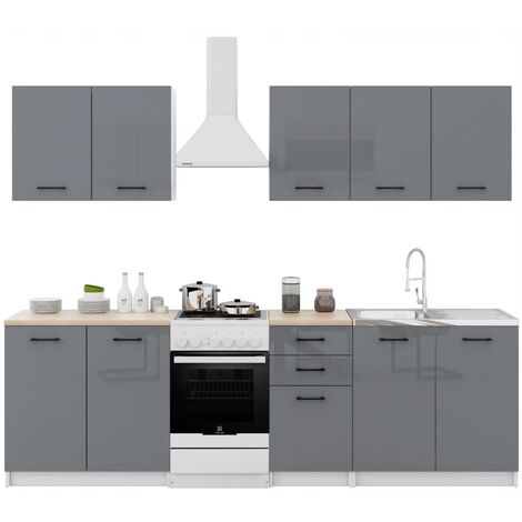 Dusine – Cuisine complète 6 éléments – Gris laqué avec poignées noires – Dimensions 2m x 82cm – Mélaminé FSC – Fabrication européenne