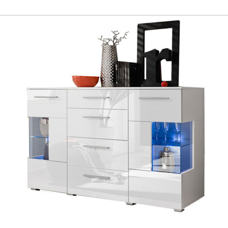 Dusine – Bahut buffet profond 150x97x54.5cm laqué blanc avec éclairage LED – 2 portes vitrées et 4 tiroirs – Finition brillante