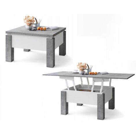 Dusine – Table basse extensible 80-160 cm – Plateau relevable en béton et blanc – Largeur 75 cm – Hauteur réglable 49-76 cm