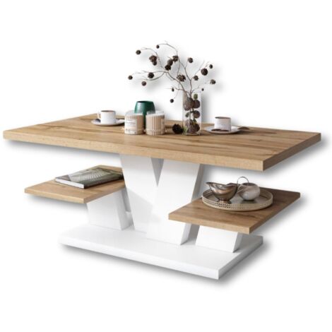 Dusine – Table basse fixe VITA – Dimensions 110 cm x 60 cm x 45 cm – Finition mélaminée blanche et bois – Étagères pratiques pour rangement