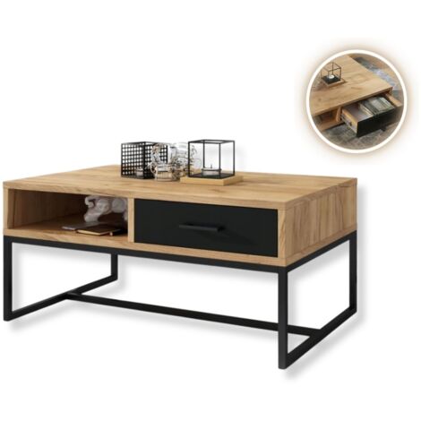 Table basse MIX avec niche et tiroir en Noir et Bois 90 cm x 60 cm style loft (1/5)