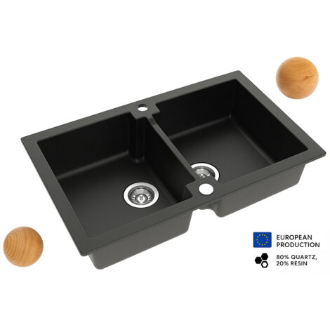 Grand double évier DEUITO NOIR en granit premium - 2 Bacs sans égouttoir et vidage inclus (1/5)