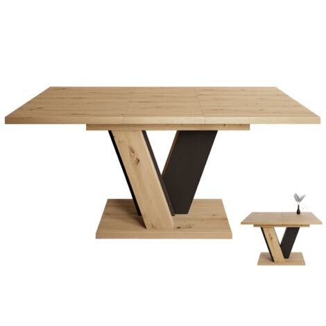 Dusine – Table extensible en bois de chêne 120-160 cm – Pied central en V – Pour 4-6 personnes – Rangement facile de la rallonge