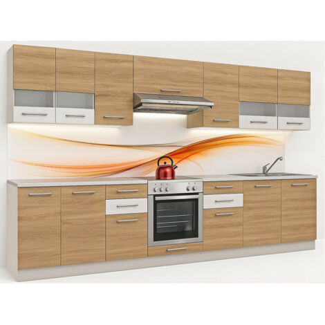 Cuisine complète MAYA bois et blanc laqué 10 éléments avec encastrement four - 300 cm (1/5)