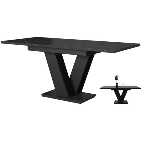 Dusine – Table extensible rectangulaire marbré noir mat 120-160 cm – Pied en V – 4-6 personnes – Rangement optimisé avec rallonge intégrée