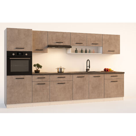 Cuisine complète VIKI Béton gris 300 cm avec colonne four 9 éléments 18 mm