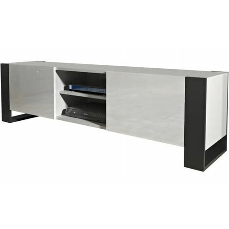 Dusine – Meuble TV 160 cm blanc mat et laqué – Style industriel – Mélaminé et MDF certifié FSC – Rangement avec étagère et compartiments fermés (1/4)