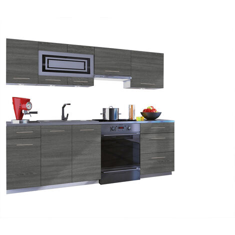 Dusine – Cuisine complète GIOVANNA 7 éléments – Mélaminé bois grisé 2,40 m – Casserolier 3 tiroirs – Poignées métalliques lourdes (1/2)