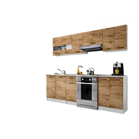 Dusine – Cuisine complète Bigo 7 éléments – Finition bois mélaminé – Longueur 240 cm – Caissons 16 mm – Poignées noires incluses