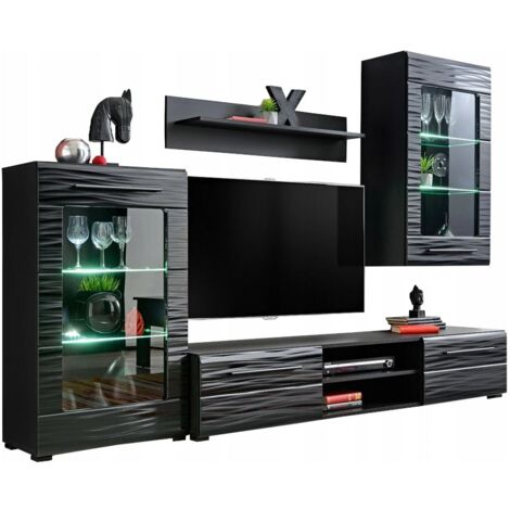 Dusine – Ensemble TV MADMAX Noir laqué effet 3D avec LED – Meuble bas 180 cm – Vitrine suspendue LED 60 cm – Rangement moderne et élégant (1/4)