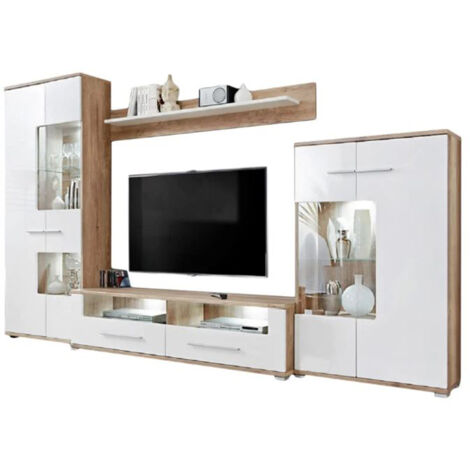 Dusine – Meuble TV mural blanc laqué et chêne – Armoire LED 80cm – Vitrine 80cm – Grand élément bas 160cm – Style moderne