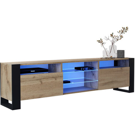 Dusine – Meuble TV 200 cm avec éclairage LED – Chêne mat et porte chêne – Style industriel – Rangement avec niches et étagères vitrées