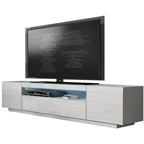 Dusine – Meuble TV KUSH blanc mat 200 cm – 2 placards – Finitions laquées brillantes – Rangement DVD et livres – Installation facile