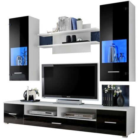 Dusine – Meuble TV mural Magnetic noir brillant et blanc mat 200 cm – 2 meubles suspendus vitrés – Étagère double LED – MDF et verre (1/3)