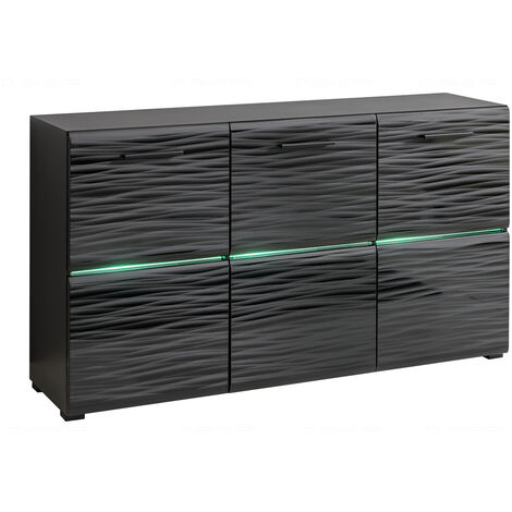 Dusine – Buffet bahut moderne 3 portes – Façades en MDF laqué brillant – Éclairage LED intégré – Rangement esthétique pour salon (1/3)