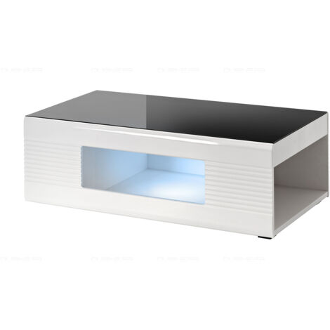 Dusine – Table basse fixe illuminée LED – Blanc laqué et verre trempé noir – Longueur 120 cm, Largeur 64 cm, Hauteur 40 cm – Fabrication européenne